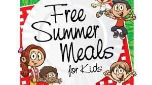 Colorful drawing of five students surrounding  text that says Free Summer Meals for kids