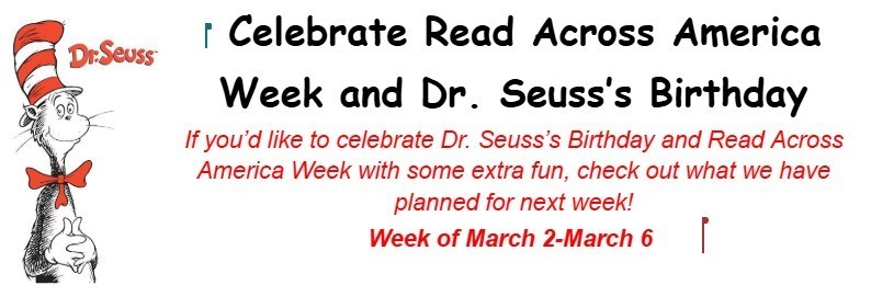 Image of the Cat in the Hat with text celebrate read across america week and Dr. Seuss's birthday