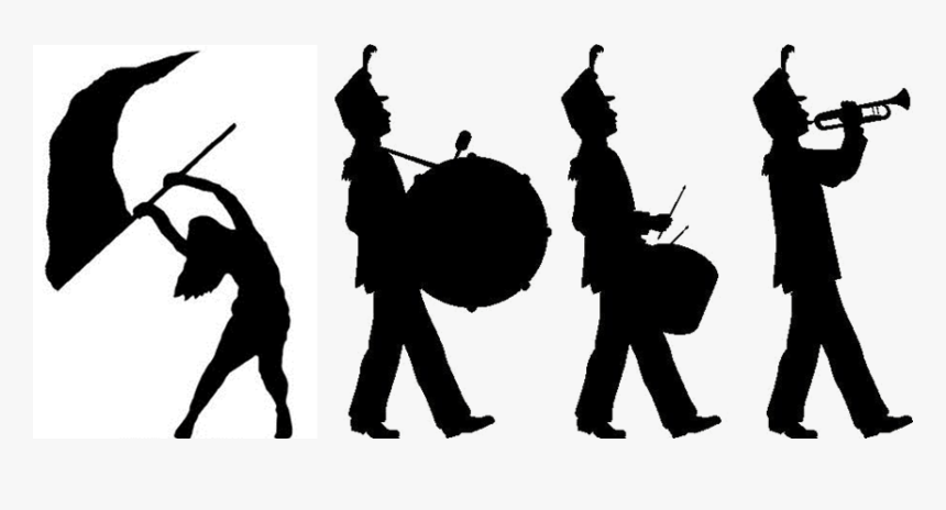 Clipart image of a marching band in silhouette against a white background.