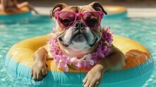 Humerous  image of a bulldog wearing sunglasses and a lai in a pool hanging onto a tube.