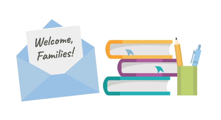 Clipart image of an open envelope showing a letter with the text "Welcome Families!" next to a stack of books.