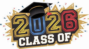 Clipart image of a morter board hat above the text Class of 2026 in gold font.