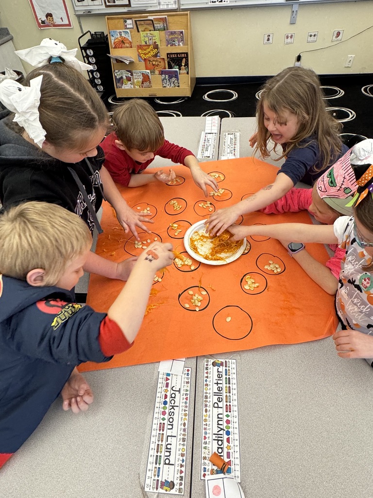 Students are involved in math activities using pumpkin seeds.