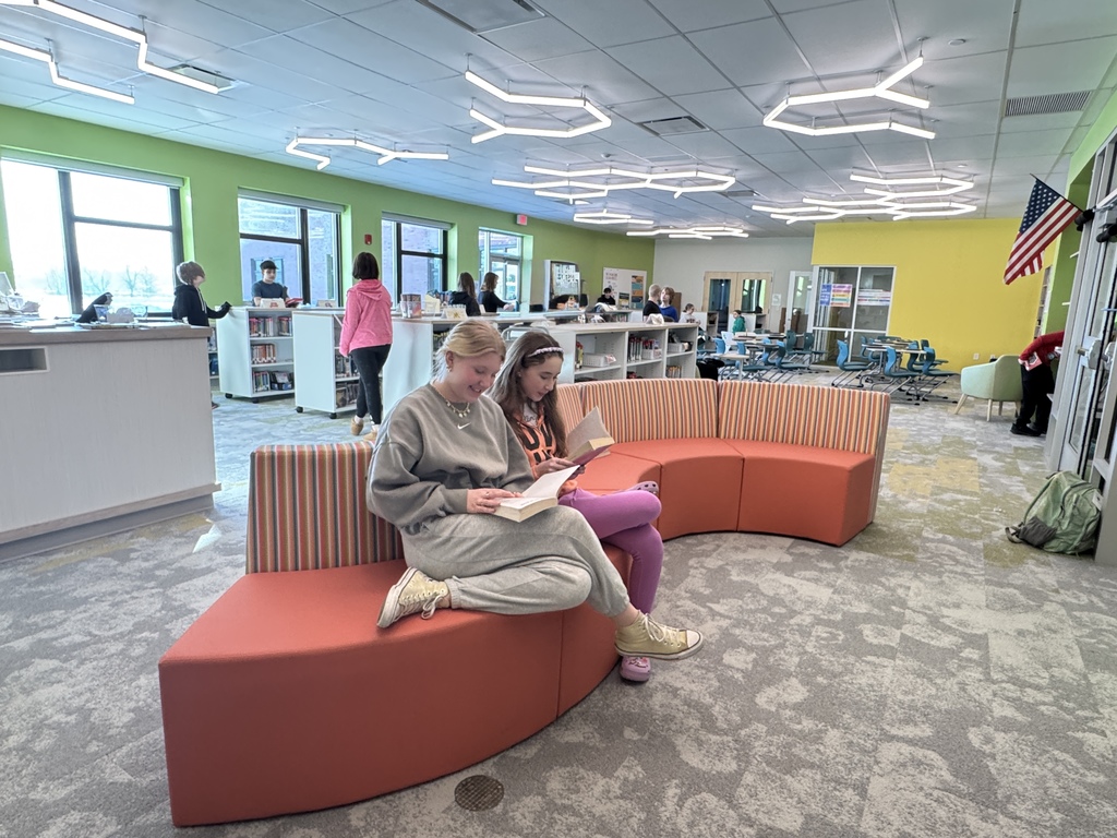 two students using the beautiful new library at the new school. 