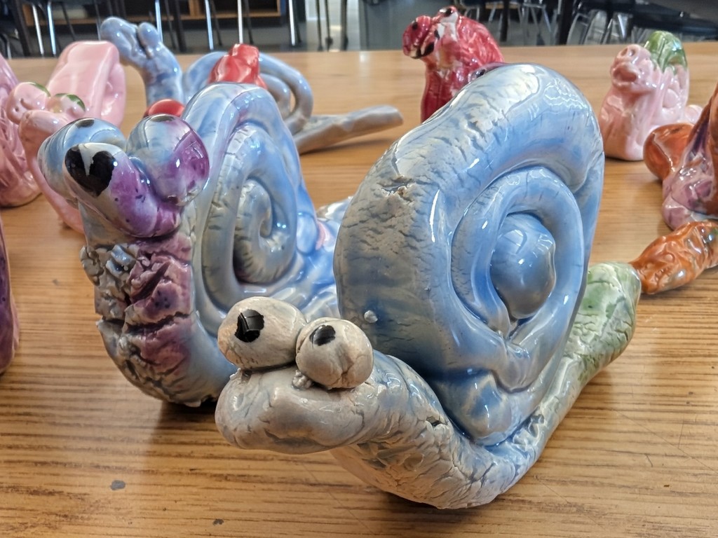 pictures of ceramic snails made in art class.