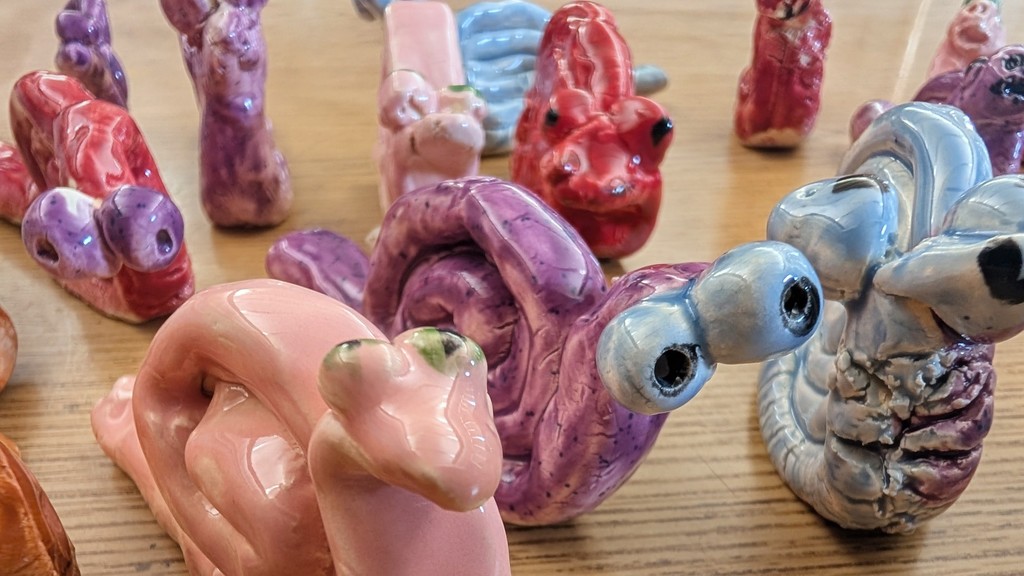 pictures of ceramic snails made in art class.