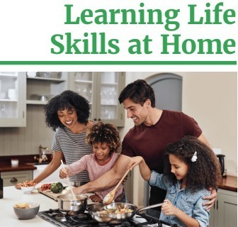 Text learning life skill at home with a picture of a family cooking.