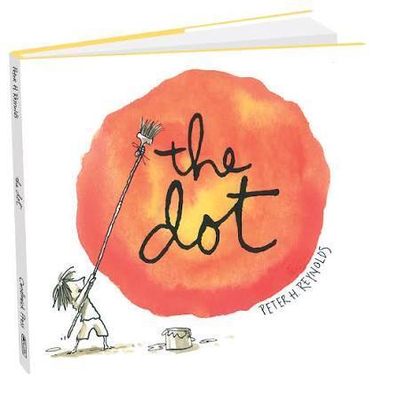 Book cover, the title is "the dot". Drawintg of a large orange dot being painted by a stick figureish person.