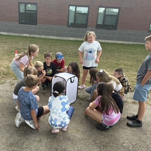 A group of students kneel around a butterfly tent enclosure.