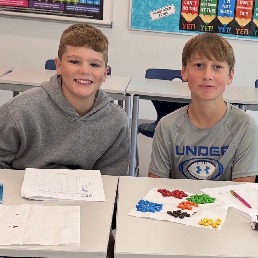 Two young men display piles of M&Ms they have sorted for this math project