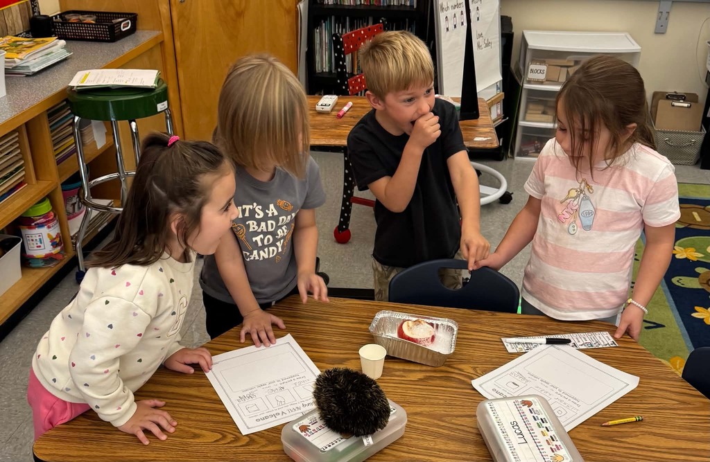 Four students obsrve an "apple volcano" as they make notes on worksheets.