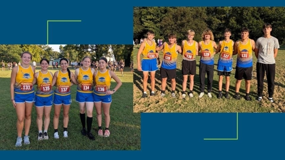 The 2026 Lady Pirates and Pirates XC teams pose for a photo before their first meet this morning on Nixa, MO.