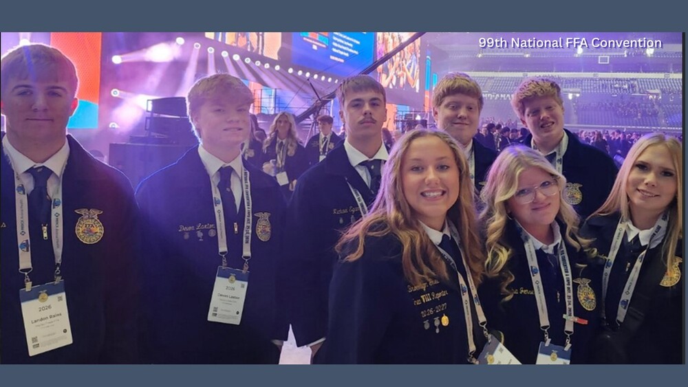 Seven Members of the Macks Creek FFA attended the 2026 National Convention in Indianapolis. The students pose for a quick photo during the Opening Ceremony.