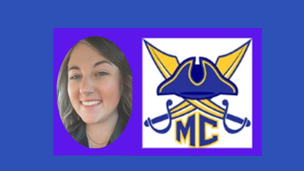 This photo show a head shot of a smiling Micah Spence next to the Macks Creek Crossed Sabres and Pirate Hat Logo