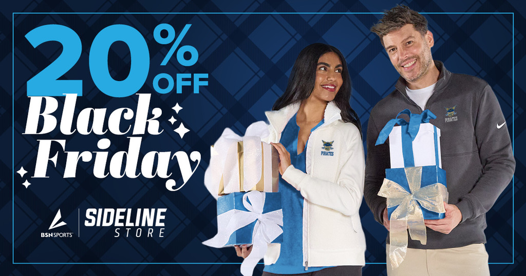 20% OFF Black Friday promo with a man and a woman modeling Pirate Gear