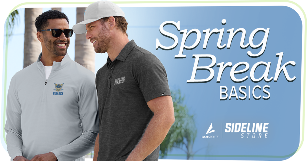 Spring Break ad with two men on vacation somewhere tropical.