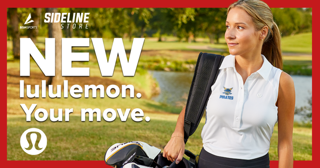 A woman carrying golf clubs models a Macks Creek Pirates Lululemon shirt.