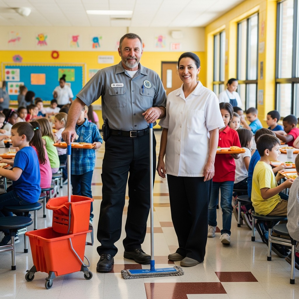 In this photo a custodial worker is standing next to a kitchen worker in cafeteria filled with elementary children.