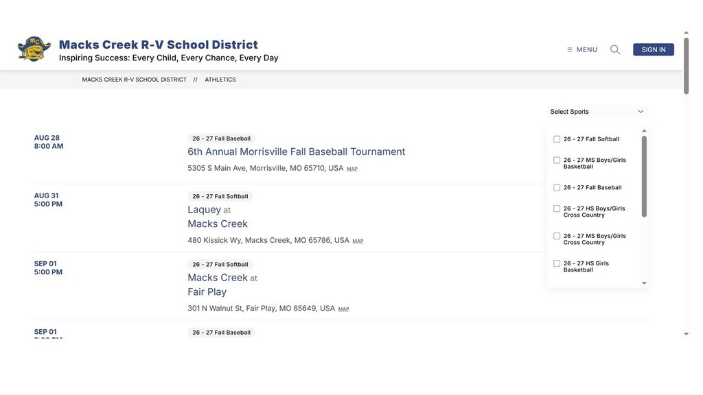 This is a screen capture of the athletics schedule on the Macks Creek Pirates Website 