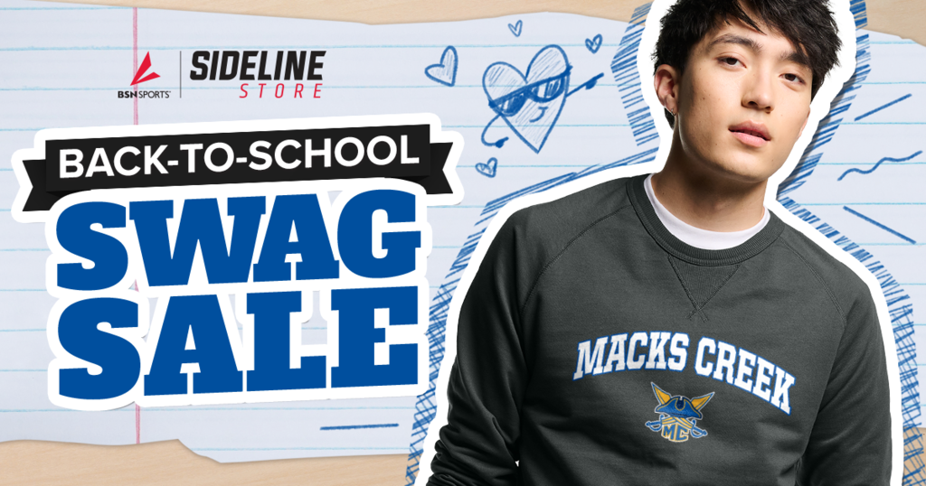 This photo show a high school boy wearing an Macks Creek sweatshirt and has an embelm that reads Back-to-School Swag Sale BSN Sports Sideline Store