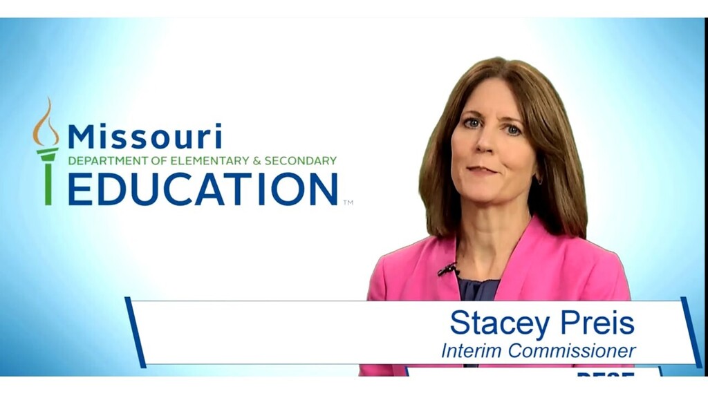 This is a photo of Stacey Preis the Inerim Commissioner of DESE along with the DESE logo and a label with her name and title.