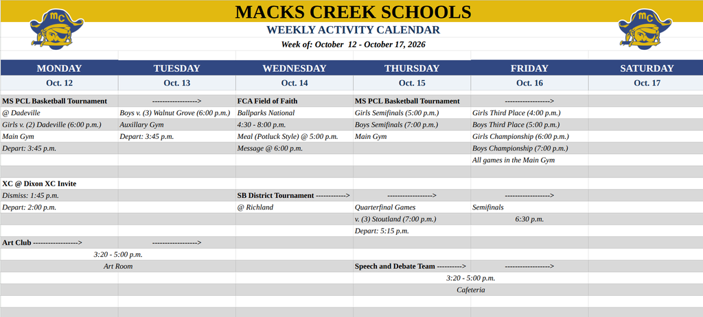 Weekly Calendar 10/12 - 10/17