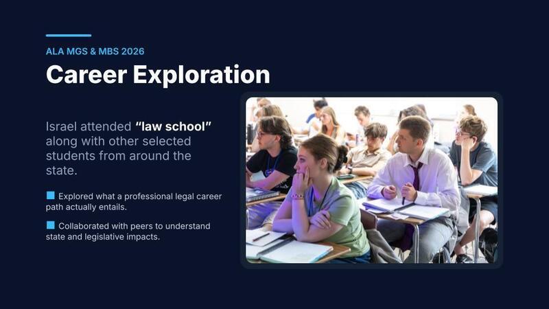Israel attended “law school” with many other students from around the state, to learn more about what a legal career might entail. 