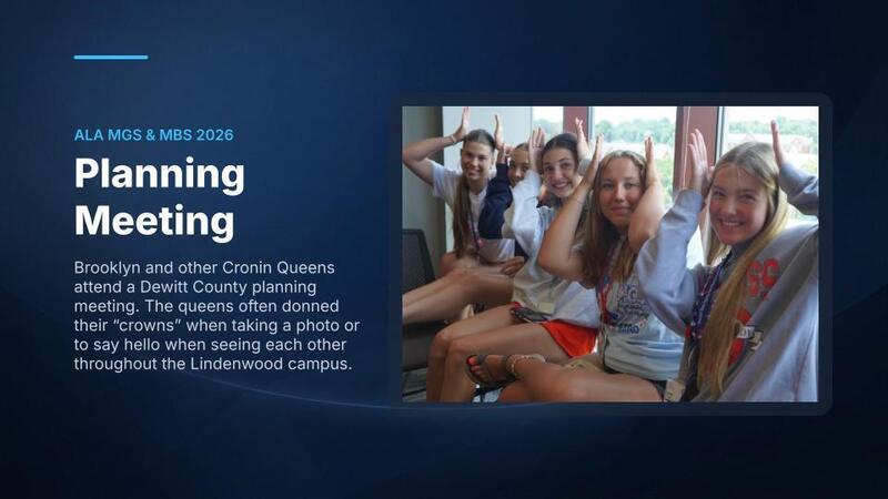 Brooklyn and other Cronin Queens attend a Dewitt County planning meeting. The queens often donned their “crowns” when taking a photo or to say hello when seeing each other throughout the Lindenwood campus. 