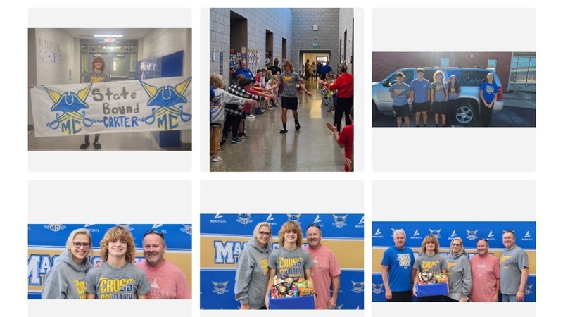 These 6 photos show Carter going t hrough a spirit tunnel, standing beside the decorated SUV and with his parent and coaches before leaving for State