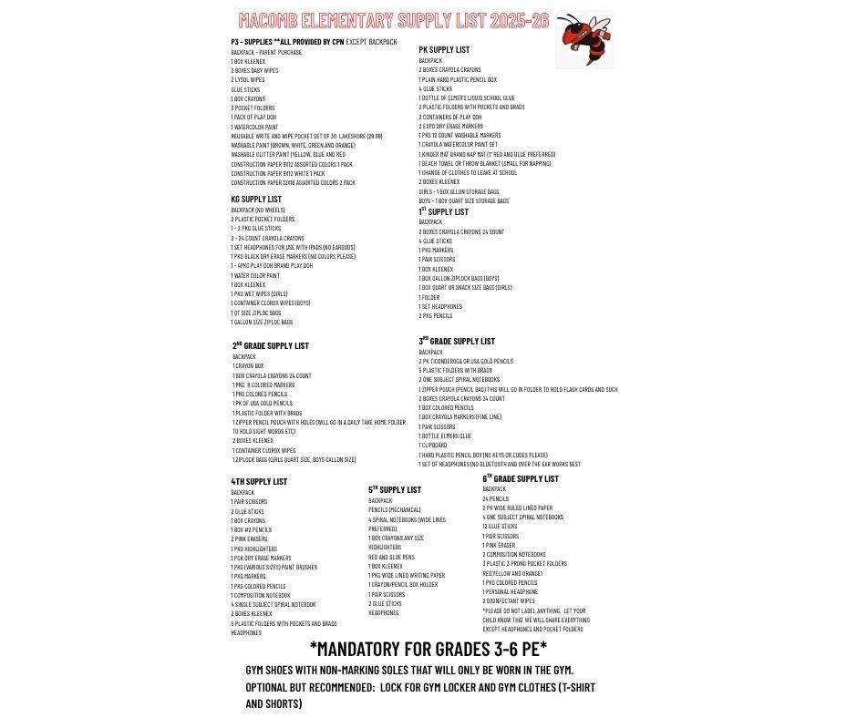Macomb Elementary Supply List