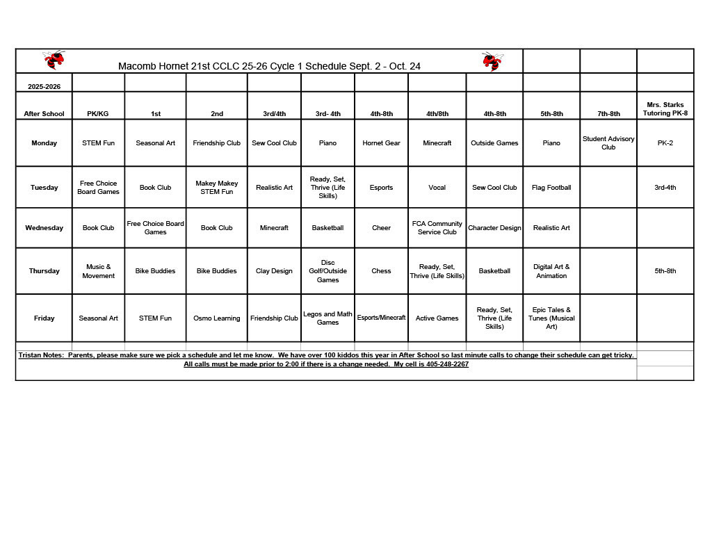 After School Cycle 1 Schedule