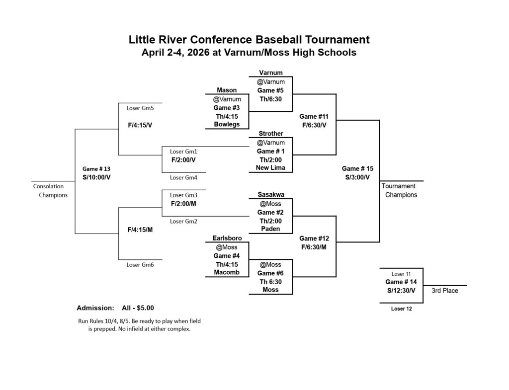 2026 LRC HS Baseball Tournament Bracket April 2-4 @ Varnum / Moss High Schools