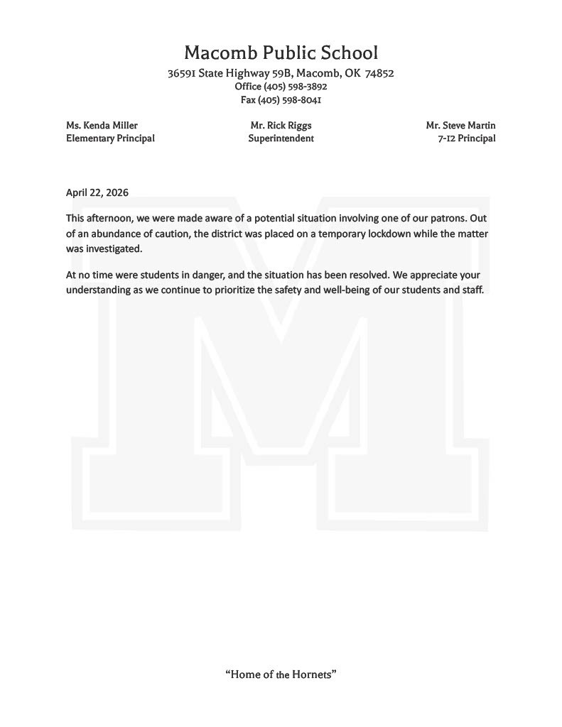 This afternoon, we were made aware of a potential situation involving one of our patrons. Out of an abundance of caution, the district was placed on a temporary lockdown while the matter was investigated. At no time were students in danger, and the situation has been resolved. We appreciate your understanding as we continue to prioritize the safety and well-being of our students and staff.