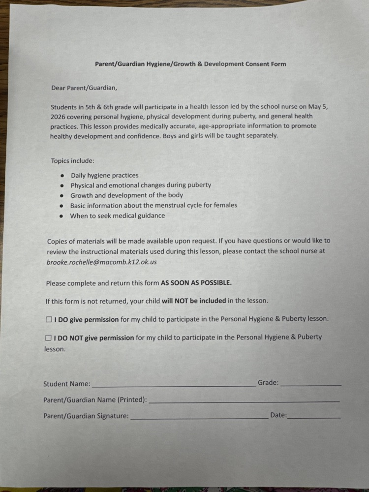 Hygiene and Growth and Development Meeting for 5/6 Graders
