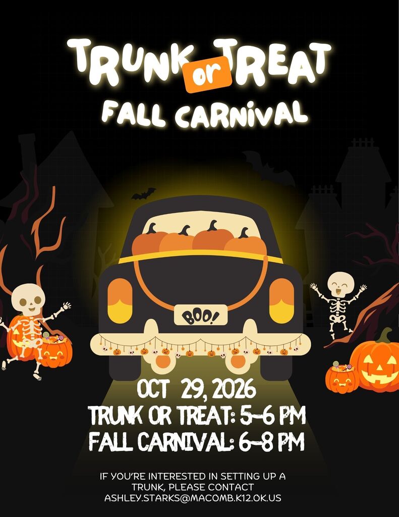 Trunk or Treat & fall carnival october 29th 5-8 PM.