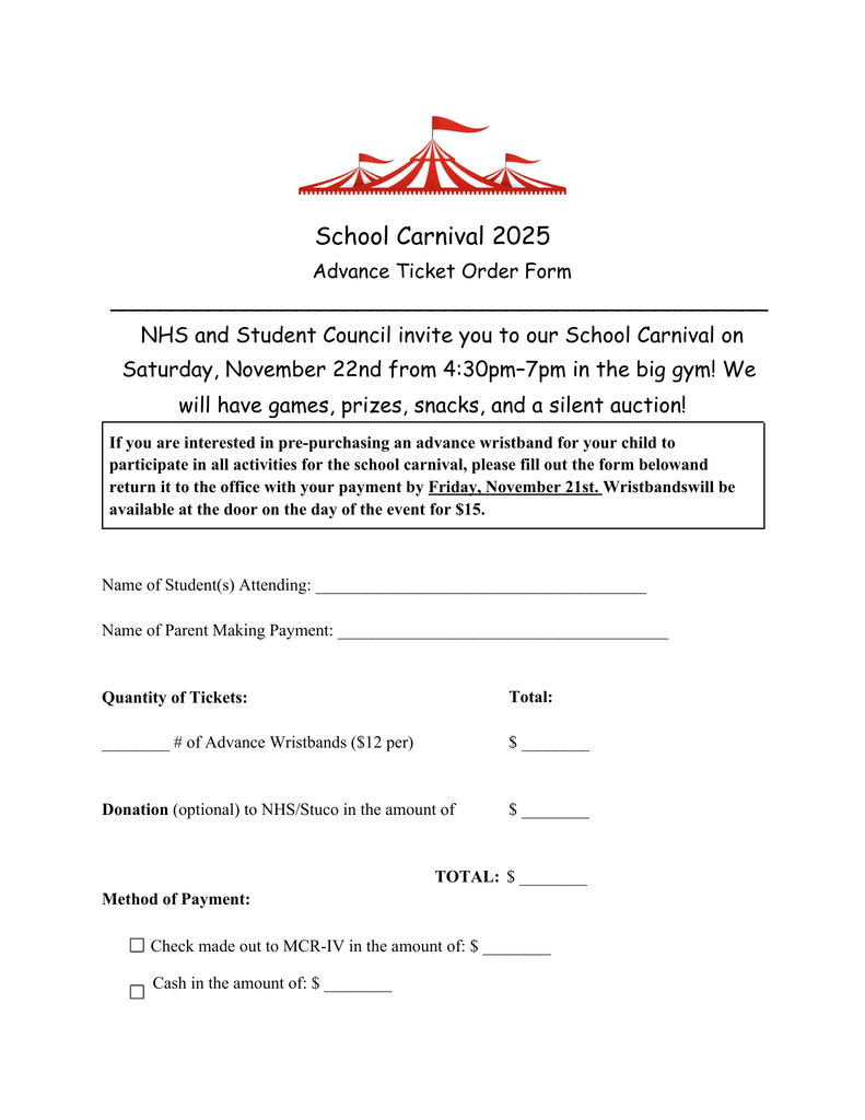 School Carnival Pre-Order Form