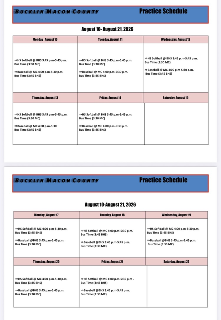 Fall softball/baseball practice schedule 