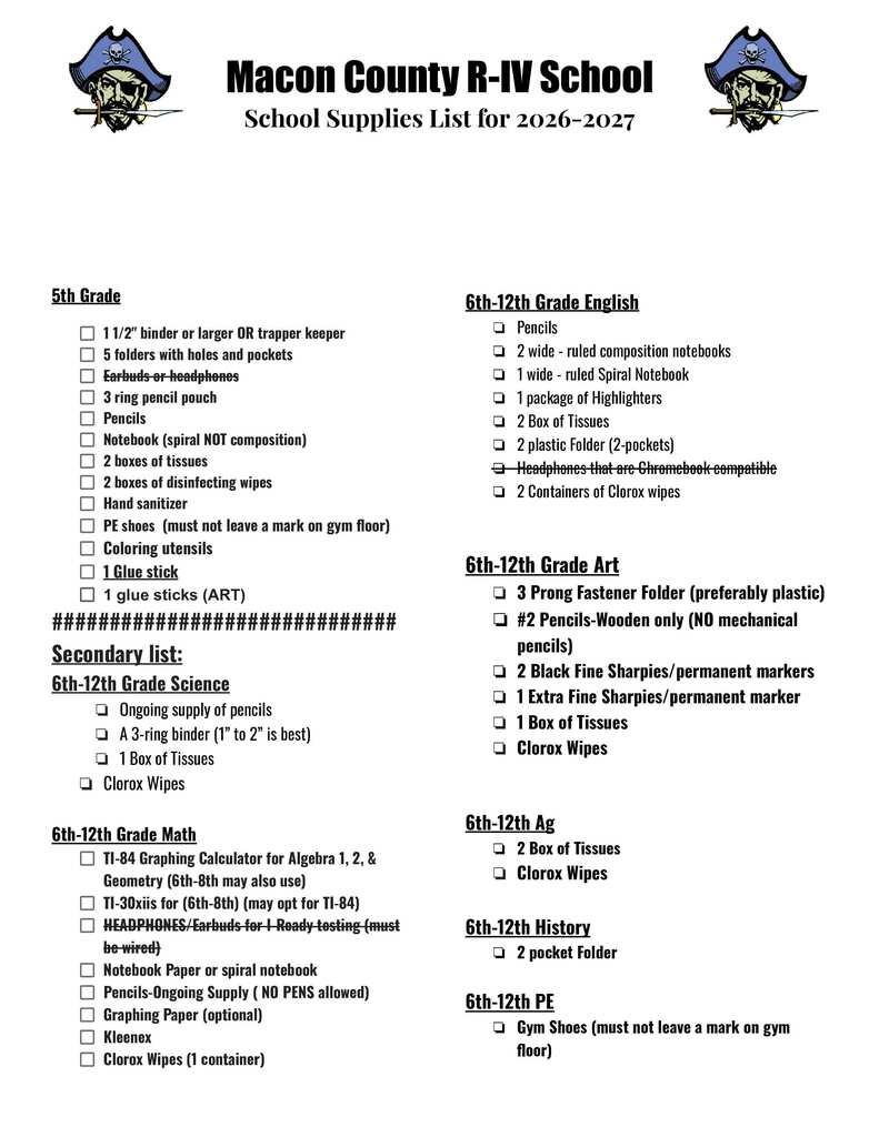 school supply lists