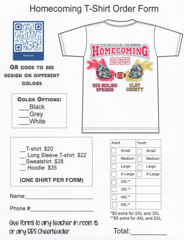 RBSHS Homecoming shirt order form 