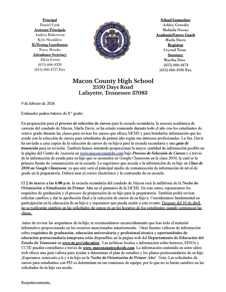 MCHS Fresh Orien Letter to PArents-Spanish