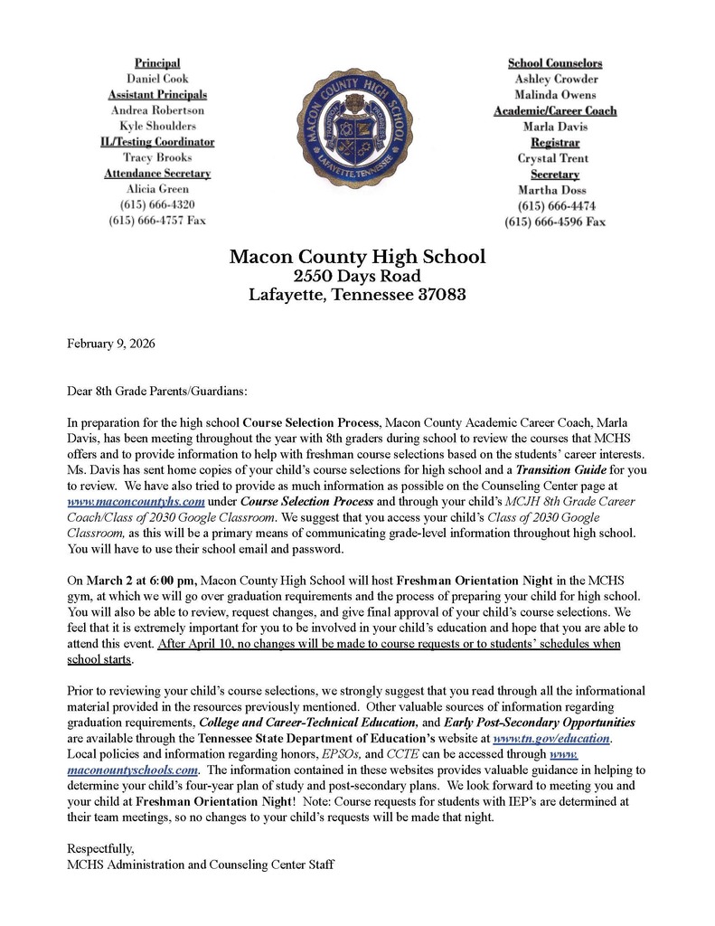 MCHS Fresh Orien Letter to PArents