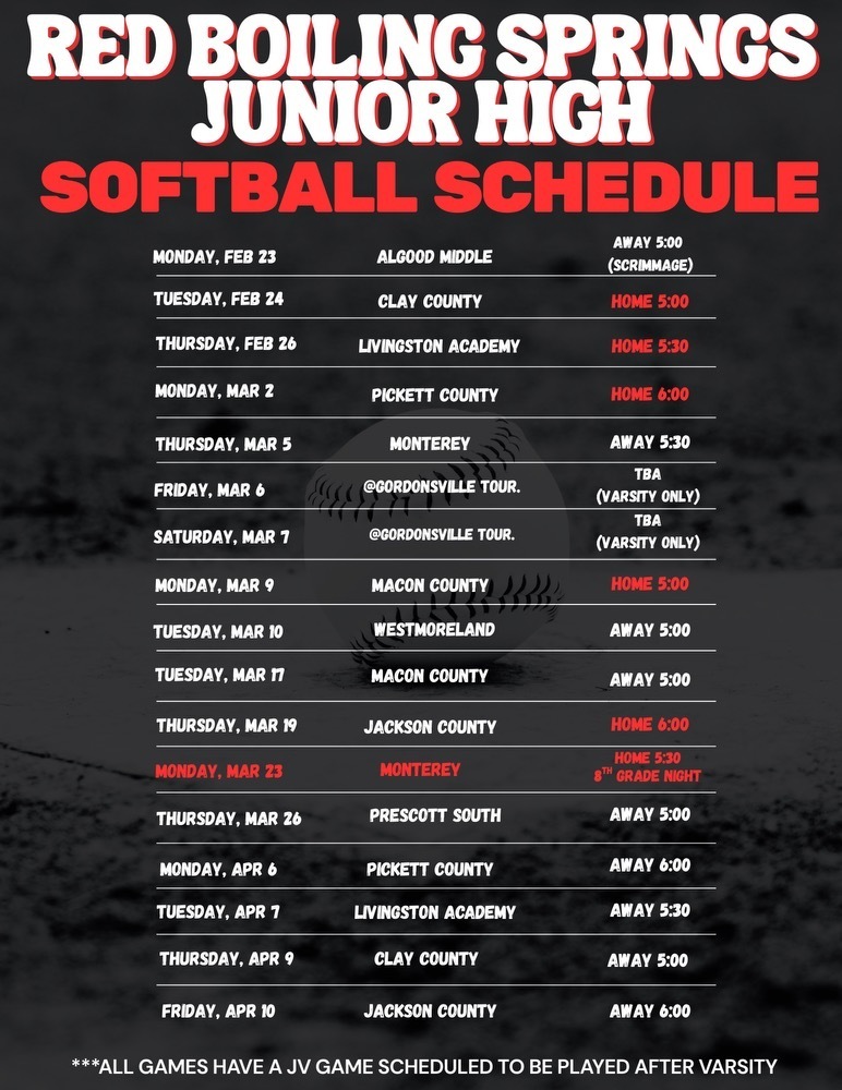 RBSJH Softball Schedule 2026 