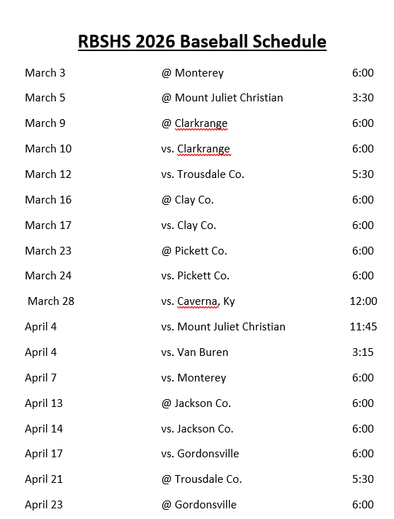 RBSHS baseball schedule 2026