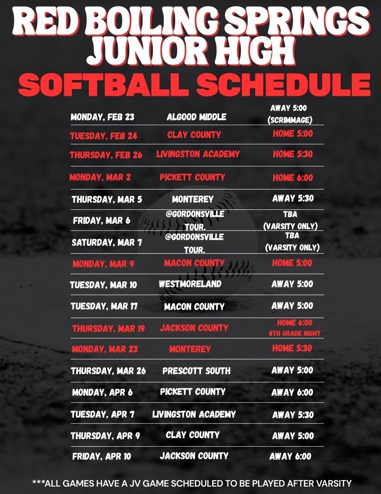 RBSJH Softball Schedule 2026 