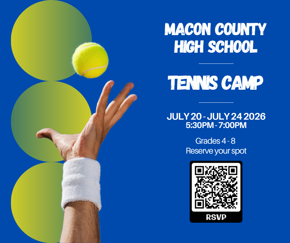 MCHS Tennis Camp July20-24, 2026 5:30PM-7:00pm Grades 4-8 Scan QR code to RSVP