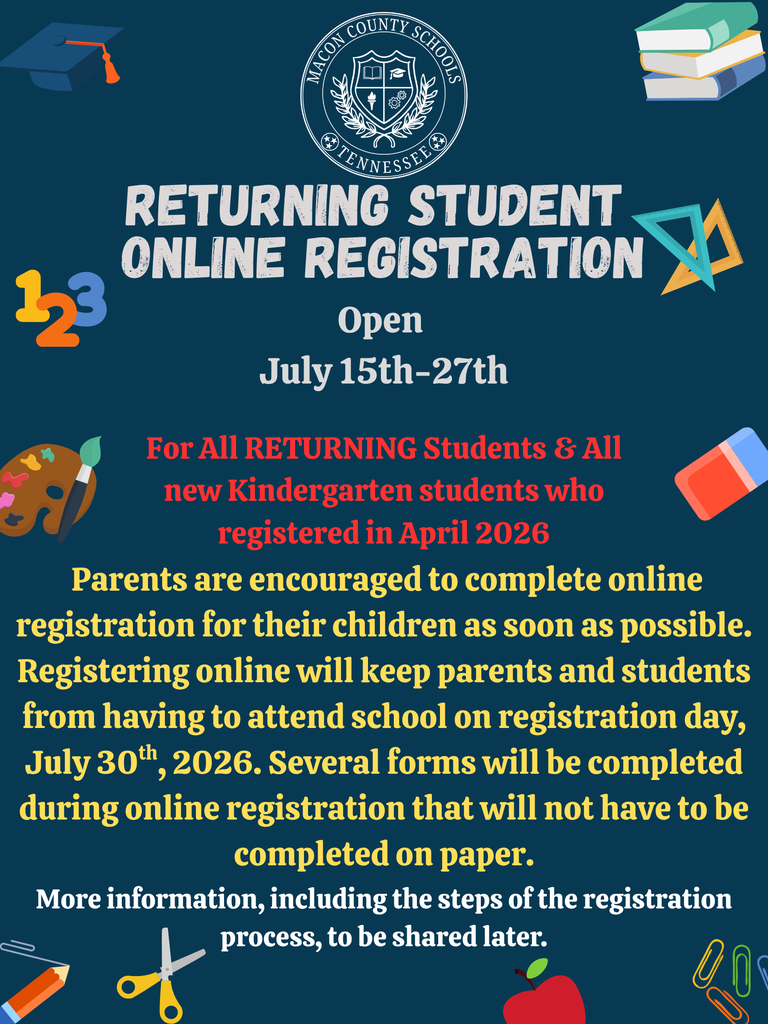 SKYWARD ONLINE REGISTRATION FOR RETURNING MACON COUNTY STUDENTS Online registration will begin at 8:30am on Wednesday, July 15th for all returning students from 2025-2026 school year and all new Kindergarten students that registered in April 2026. Parents are encouraged to register their children as soon as possible. Registering online will keep parents and students from having to attend school on registration day, July 30th, 2026. There are also several forms that will be completed during online registration that will not have to be completed on paper