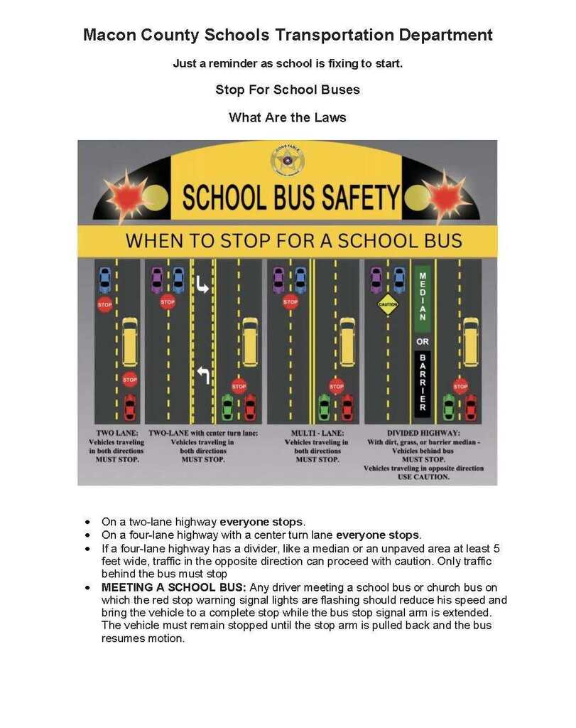 Macon County Schools Transportation Department Just a reminder as school is fixing to start. Stop For School Buses What Are the Laws • On a two-lane highway everyone stops. • On a four-lane highway with a center turn lane everyone stops. • If a four-lane highway has a divider, like a median or an unpaved area at least 5 feet wide, traffic in the opposite direction can proceed with caution. Only traffic behind the bus must stop • MEETING A SCHOOL BUS: Any driver meeting a school bus or church bus on which the red stop warning signal lights are flashing should reduce his speed and bring the vehicle to a complete stop while the bus stop signal arm is extended. The vehicle must remain stopped until the stop arm is pulled back and the bus resumes motion.
