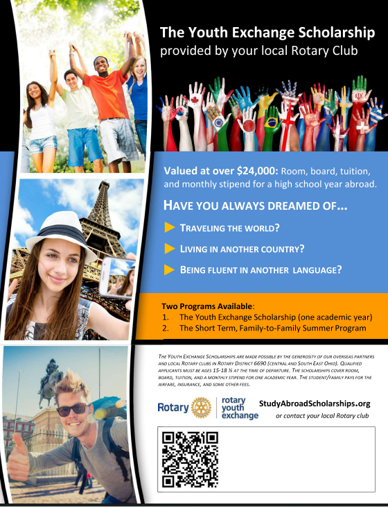 ✈️ Have You Ever Dreamed of Studying Abroad? 🌎📚 Red Boiling Springs High School students, this could be your opportunity to experience another culture, make lifelong friendships, and gain memories that will last a lifetime! The Rotary Youth Exchange Scholarship offers students the chance to spend an academic year studying in another country through an incredible scholarship valued at more than $24,000. ✨ Scholarship Includes: ✅ Room & Board ✅ School Tuition ✅ Monthly Stipend Students and families are responsible for airfare, insurance, and some additional program fees. There are two amazing opportunities available: 🌎 Youth Exchange Scholarship – One academic year abroad ☀️ Short-Term Family-to-Family Summer Program Who Can Apply? 📌 Students ages 15–18½ at the time of departure. If you've ever wanted to: ✈️ Travel the world 🌍 Live in another country 🗣️ Become fluent in another language ...this could be the opportunity you've been waiting for! To learn more or apply, visit: 📲 StudyAbroadScholarships.org You can also contact your local Rotary Club for additional information. Don't let this incredible opportunity pass you by—your next adventure could begin with a single application! 🌟 If you'd like, I can also Create an eye-catching Facebook graphic in Red Boiling Springs School colors to go along with this post.