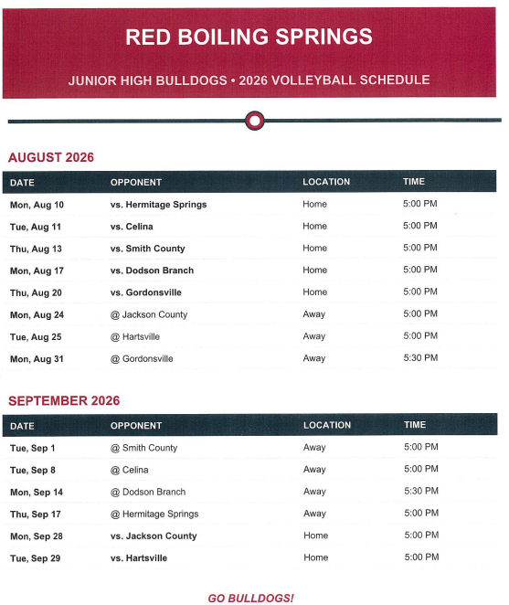🏐 2026 Red Boiling Springs Junior High Lady Bulldogs Volleyball Schedule is Here! ❤️🖤 The wait is over! Check out the 2026 Red Boiling Springs Junior High Girls Volleyball Schedule and mark your calendars to come out and support our Lady Bulldogs this season! Our team has been working hard and is ready to compete. Let's pack the stands, cheer them on, and show everyone what Bulldog Pride is all about! Every match, every point, and every cheer makes a difference. 📅 Season Begins: Monday, August 10 🏠 Home Opener: vs. Hermitage Springs at 5:00 PM Be sure to save this schedule, share it with family and friends, and help spread the word so we can have a great crowd all season long! 📣 Good luck to our players and coaches—we can't wait to watch you compete! ❤️🖤 Go Bulldogs! 🐾🏐