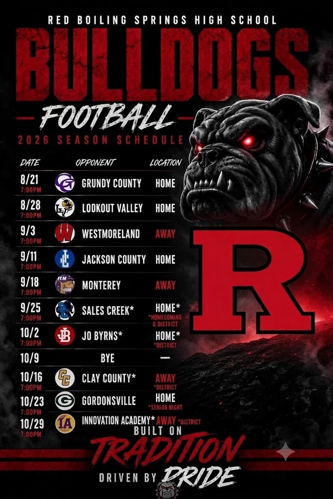 🏈 UPDATED 2026 FOOTBALL SCHEDULES ARE HERE! 🏈 Bulldog Nation, mark your calendars and get those stadium chairs ready! Both our Jr. High and High School football schedules have been updated for the 2026 season. Check out the graphics below for full game details, special event nights, and kickoff times. Here are a few key dates you won't want to miss: Jr. High Bulldogs: 🗓️ 9/3 @ 6:30 PM – Away vs. Jackson County 🗓️ 9/8 @ 6:30 PM – HOME vs. Celina K-8 (8th Grade Night) High School Bulldogs: 🗓️ 8/21 @ 7:00 PM – Season Opener HOME vs. Grundy County 🗓️ 9/25 @ 7:00 PM – HOMECOMING vs. Sale Creek* 🗓️ 10/23 @ 7:00 PM – SENIOR NIGHT vs. Gordonsville Come out and support our boys as they hit the gridiron. Let’s pack the stands and show everyone what Bulldog pride is all about! 🔴⚫ BUILT ON TRADITION. DRIVEN BY PRIDE. #RBSBulldogs #BulldogPride #RBSFootball #FridayNightLights #TennesseeHighSchoolFootball #BulldogNation